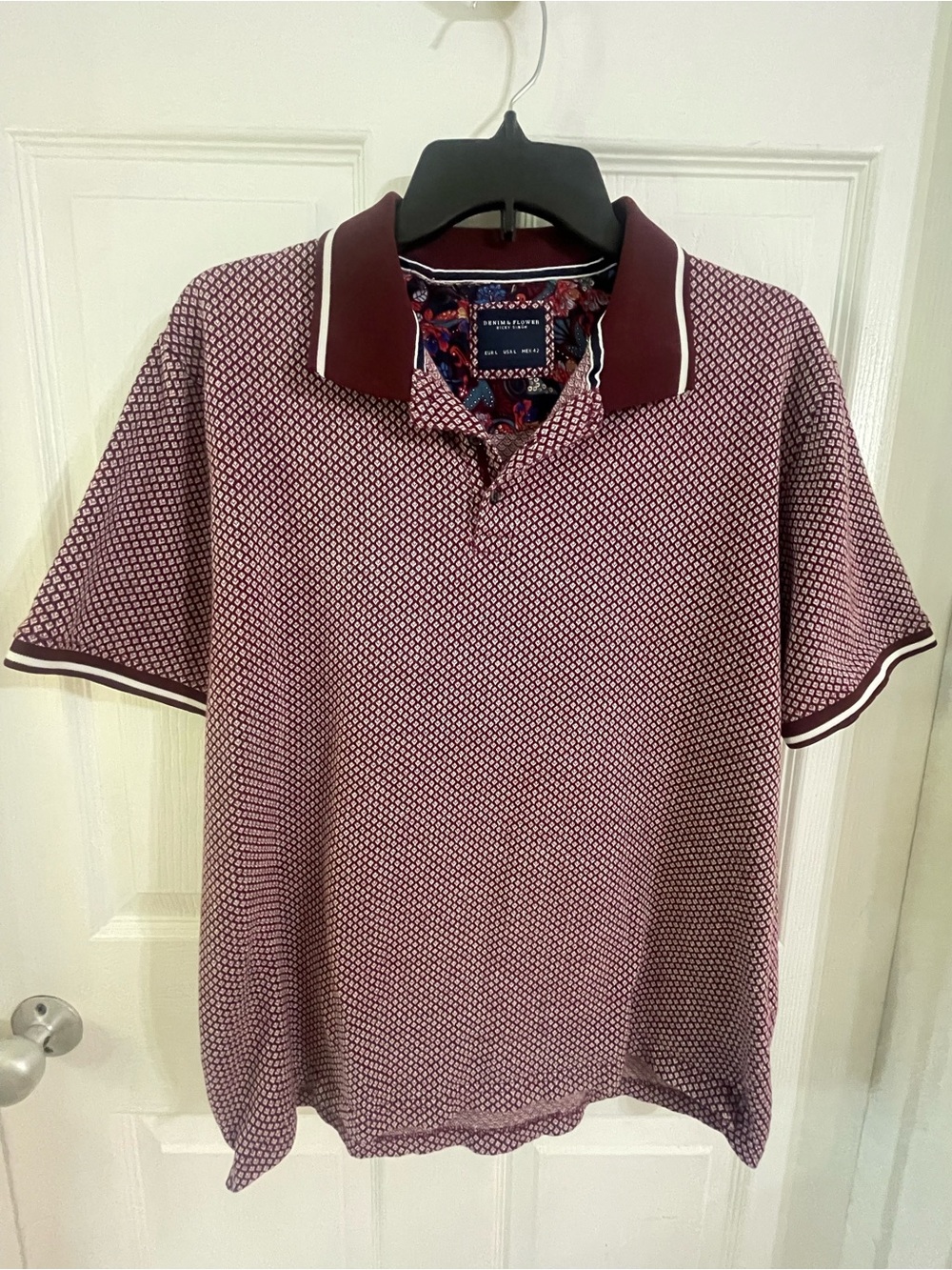 Denim & Flower Men's Burgundy Patterned Polo with Contrasting Trim